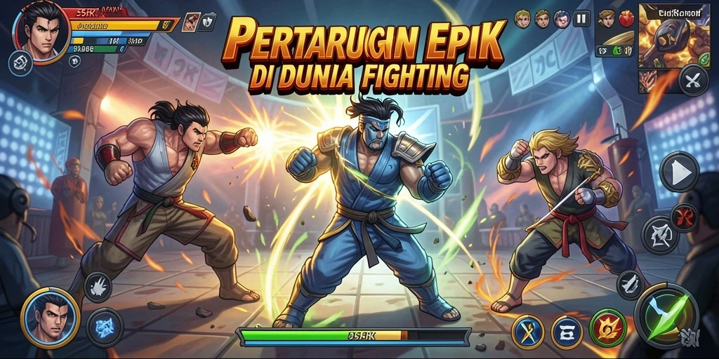 Gameplay seru 55RK dengan karakter bertarung di arena.