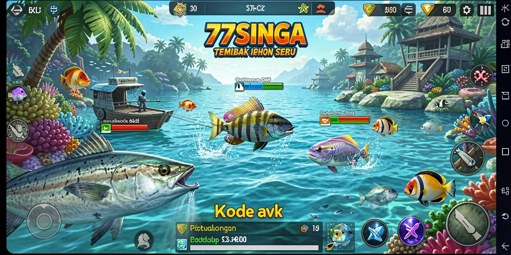 Gameplay seru Tembak Ikan di 77SINGA dengan ikan berwarna-warni.