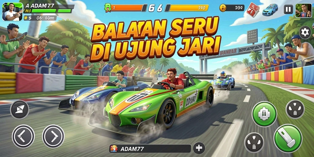 Tangkapan layar ADAM77 menampilkan aksi balapan yang mendebarkan.