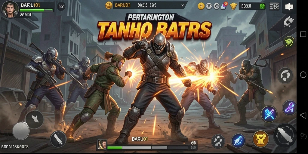 Screenshot BARU01 menampilkan pertarungan seru antara karakter dalam arena.