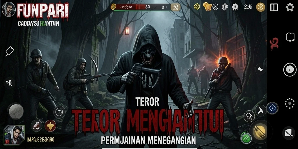 Tangkapan layar menampilkan suasana menyeramkan dari gameplay FUNPARI.
