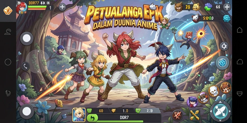 Screenshot gameplay IDR77 menampilkan karakter anime yang beraksi di dunia penuh warna.