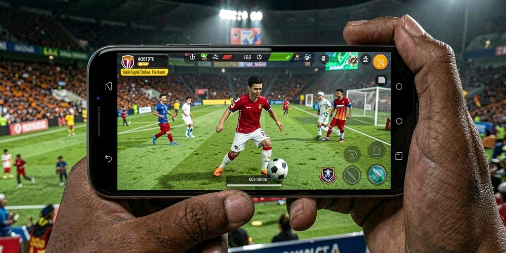 Tampilan gameplay KOSTOTO yang penuh aksi dalam pertandingan sepak bola.