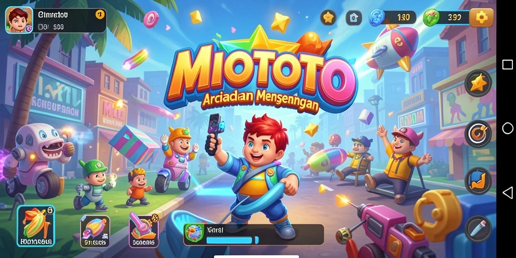 Screenshot gameplay MIOTOTO yang menunjukkan aksi seru di arena permainan arcade.