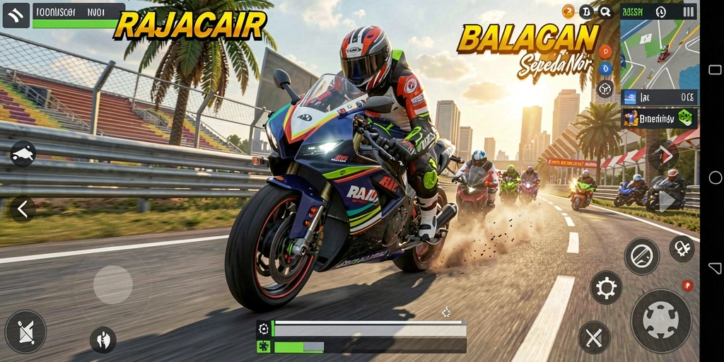 Tampilan action balap motor yang seru dalam RAJACAIR.