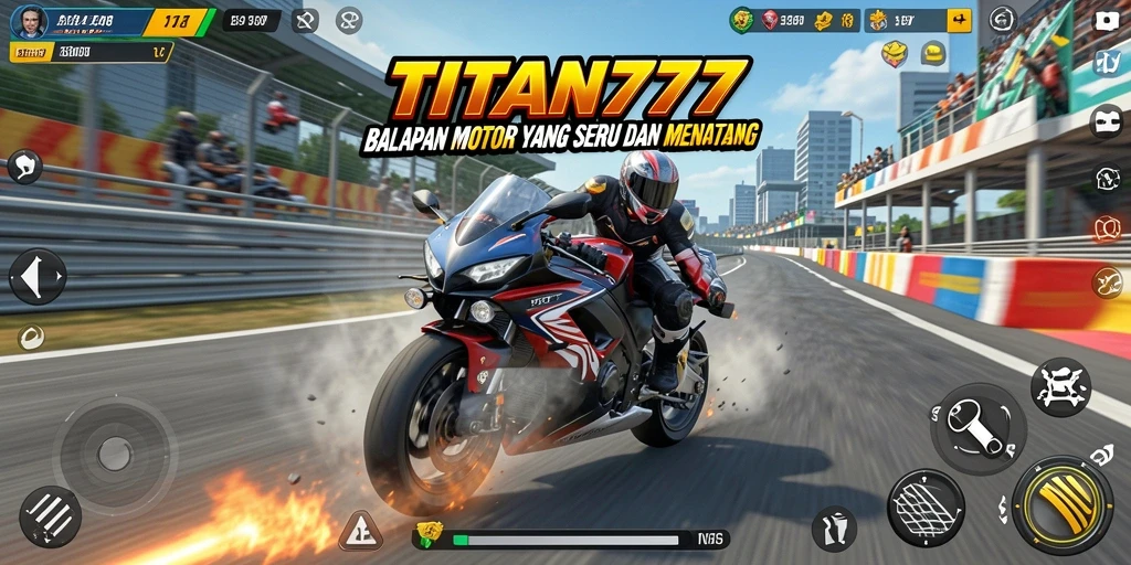 Screenshot gameplay seru dari TITAN777 yang menampilkan kecepatan tinggi dan kompetisi balapan.