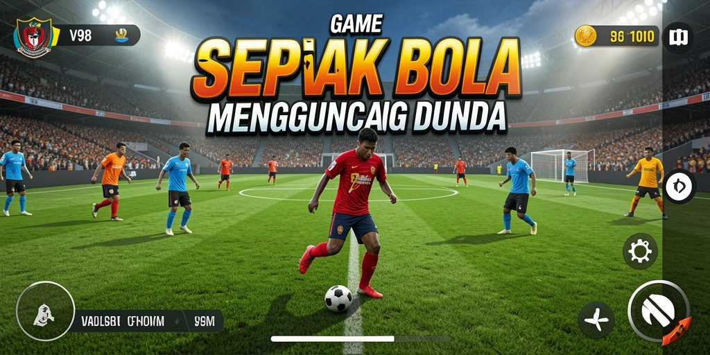 Screenshot V98 menampilkan aksi seru di lapangan sepak bola.