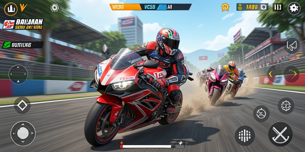 Screenshot gameplay VC55 menunjukkan aksi balap motor yang mendebarkan.